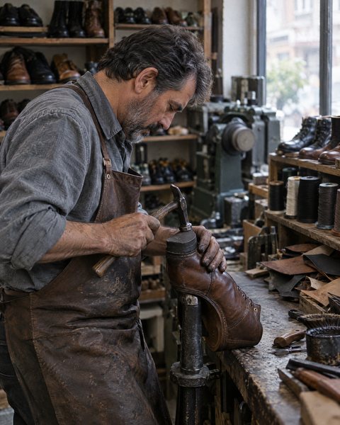 A cobbler tapping a new heel onto a boot on an iron last.