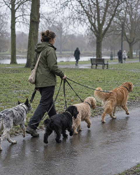 A dog walker in a park with four dogs on leads.