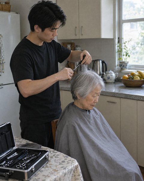 A mobile hairdresser cutting an elderly woman’s hair in her kitchen.