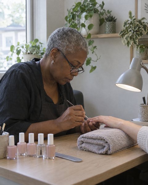 A nail technician painting a client’s nails at a small desk.