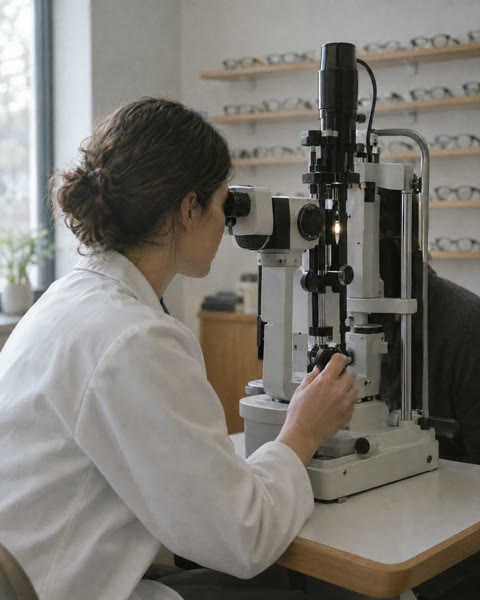 An optometrist looking through a slit lamp.