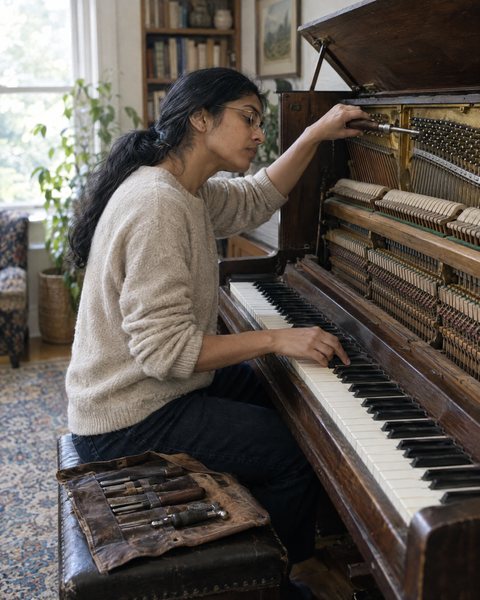 A piano tuner turning a tuning pin inside an open upright piano.