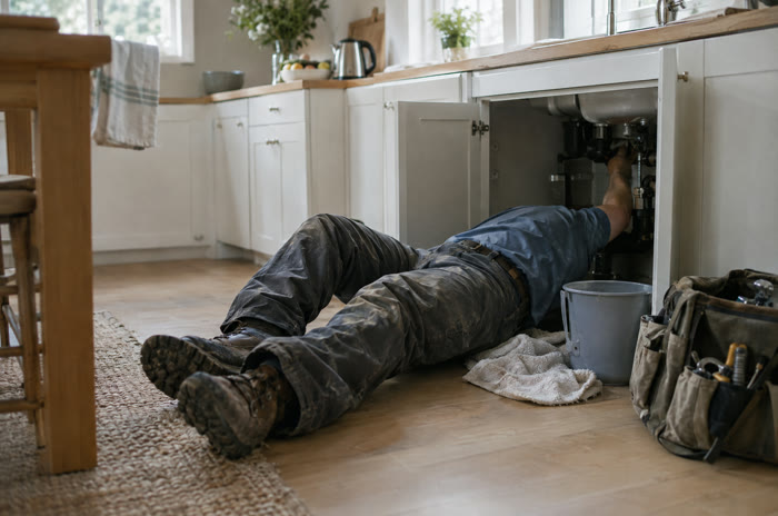 A plumber lying under a kitchen sink, working on the pipes.