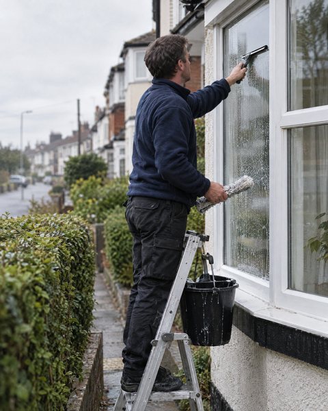 A window cleaner on a short ladder, squeegeeing a bay window.